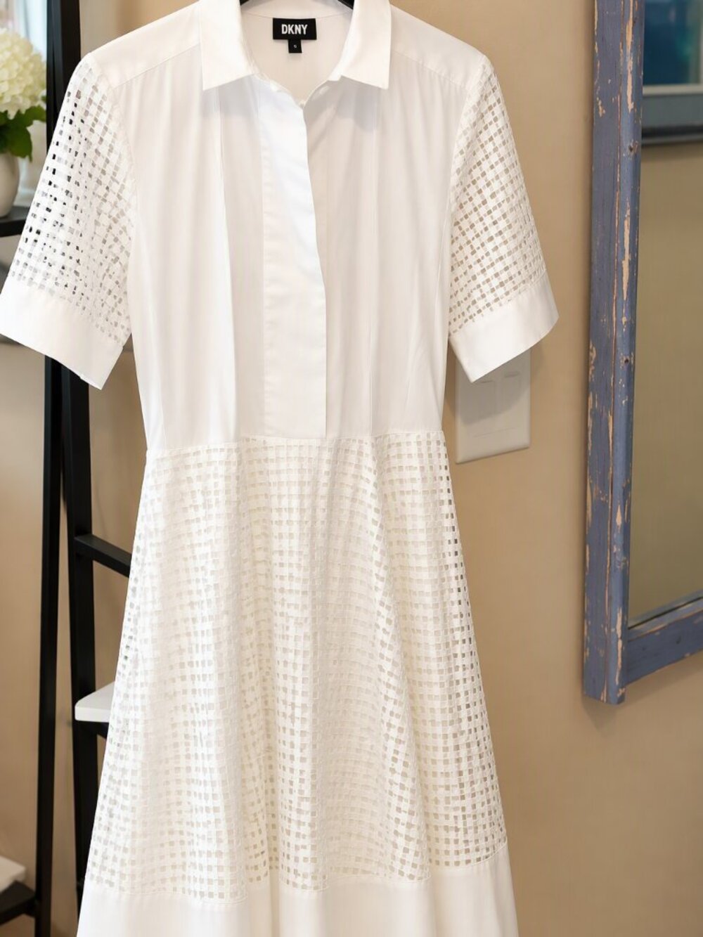 DKNY White Short-Sleeve Midi Shirt Dress